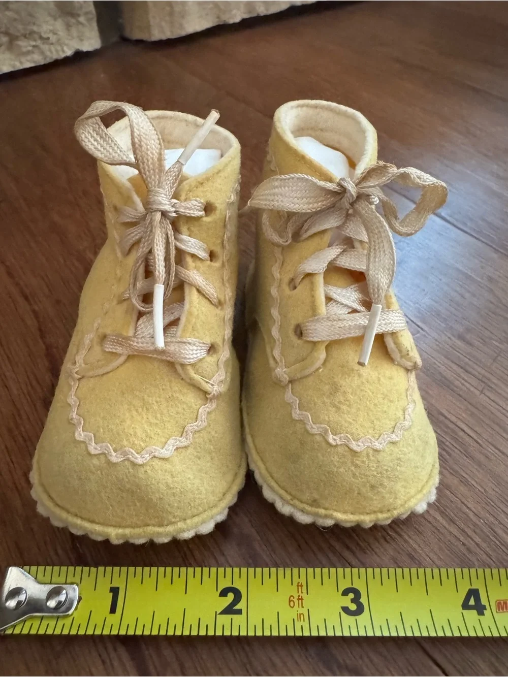 Vintage Baby Booties With original Box, Yellow Wool Lace-Up Booties So Sweet!